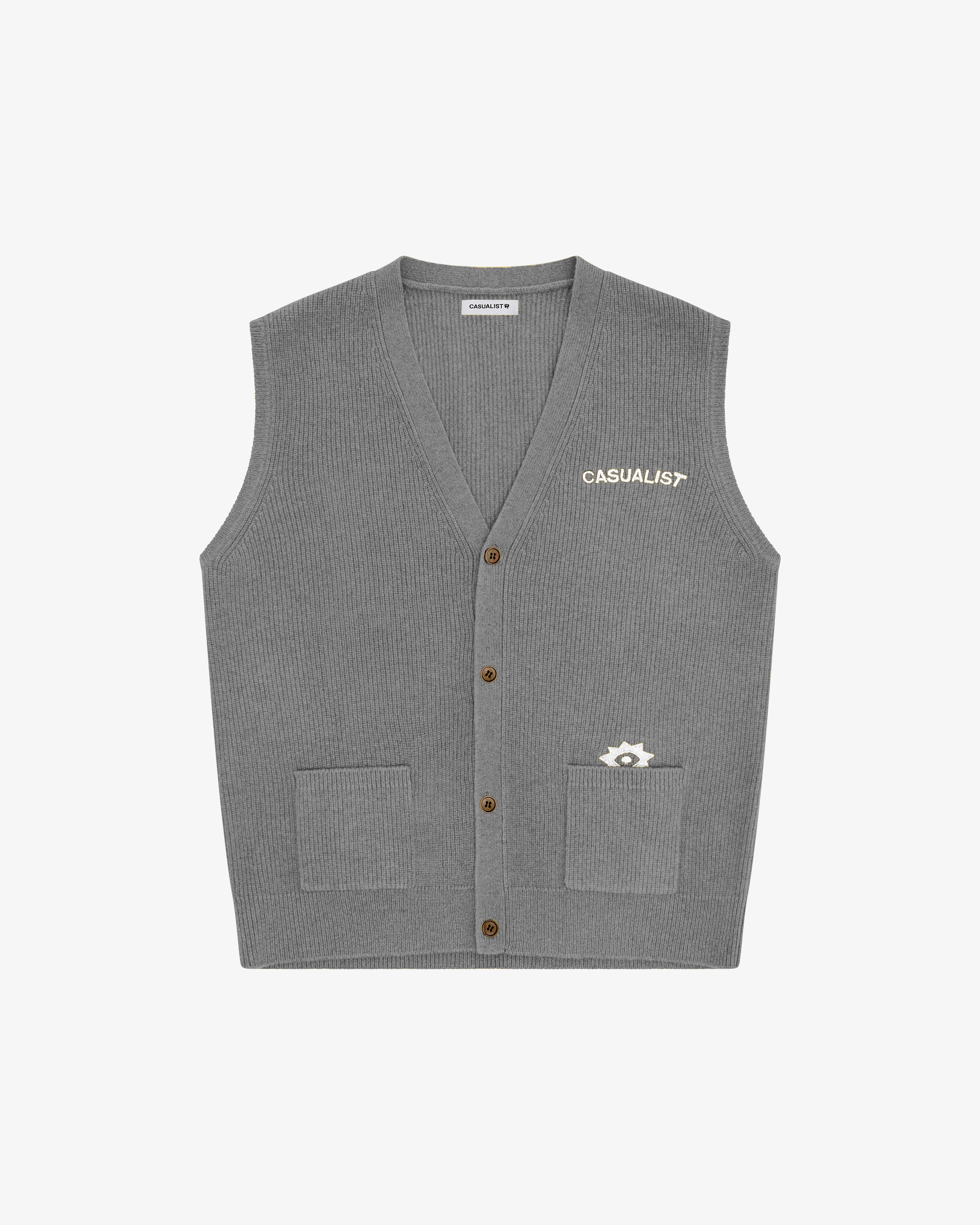 Casualist Grazer Cardigan Vest front view grey merino wool